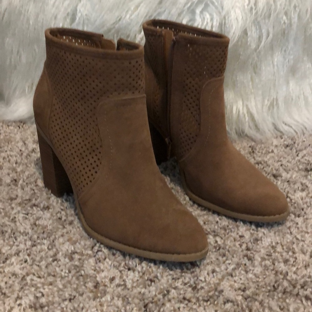 Crissy Microsuede Laser Cut Heeled Bootie